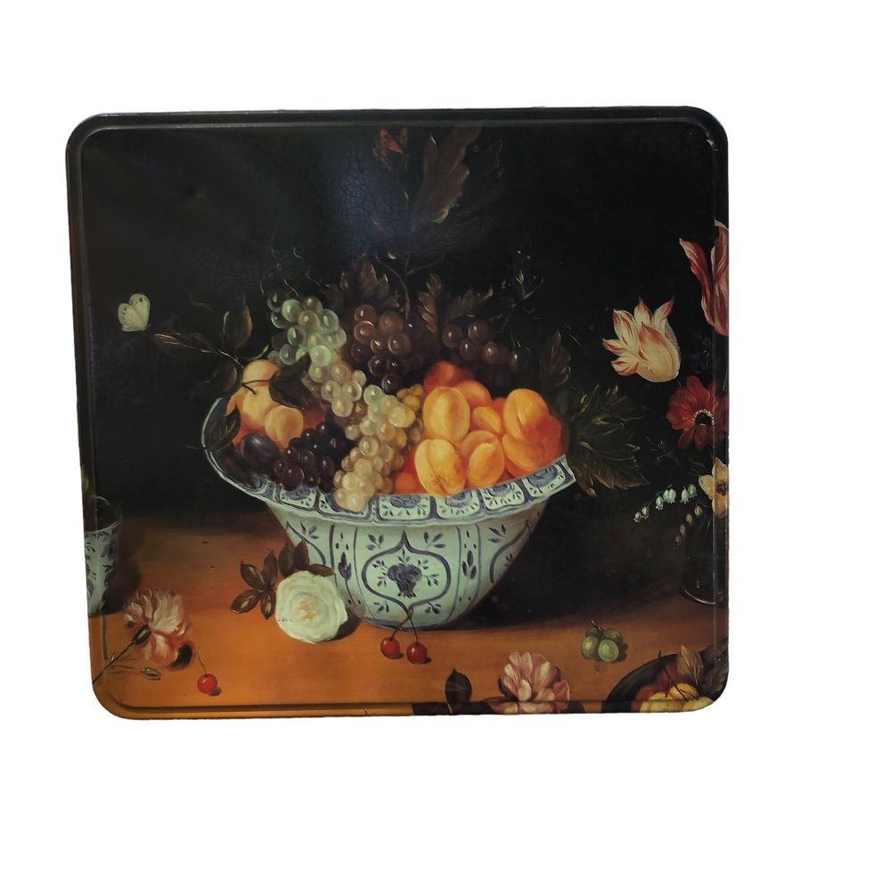 Vintage France Massilly Fruit Tin, Square Storage Container; Cookie/Candy Storag